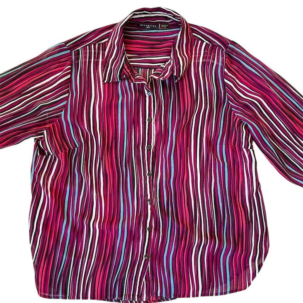 Attention Plus Women's 1X Striped Button-Up Blouse Multicolor 3/4 Sleeve - Picture 2 of 5